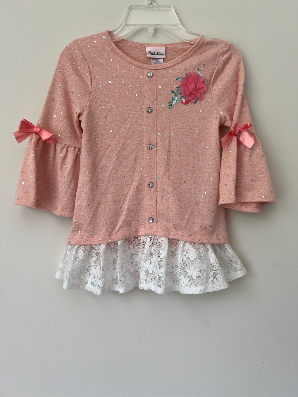 Little Lass Pink Sequin Cardigan with White Lace Ruffle
